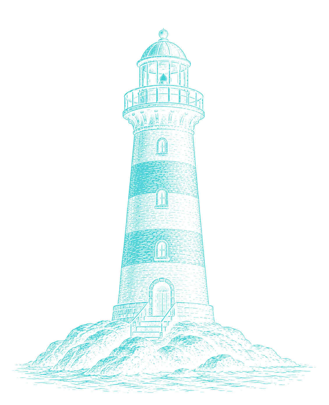 Ilustração em gravura de farol antigo, traço luminoso em tom de água sobre fundo de mar profundo — símbolo de direção em meio à incerteza.